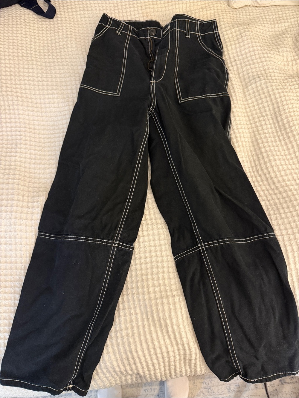 H&M Black Cargo Wide-Leg Pants with White Stitching